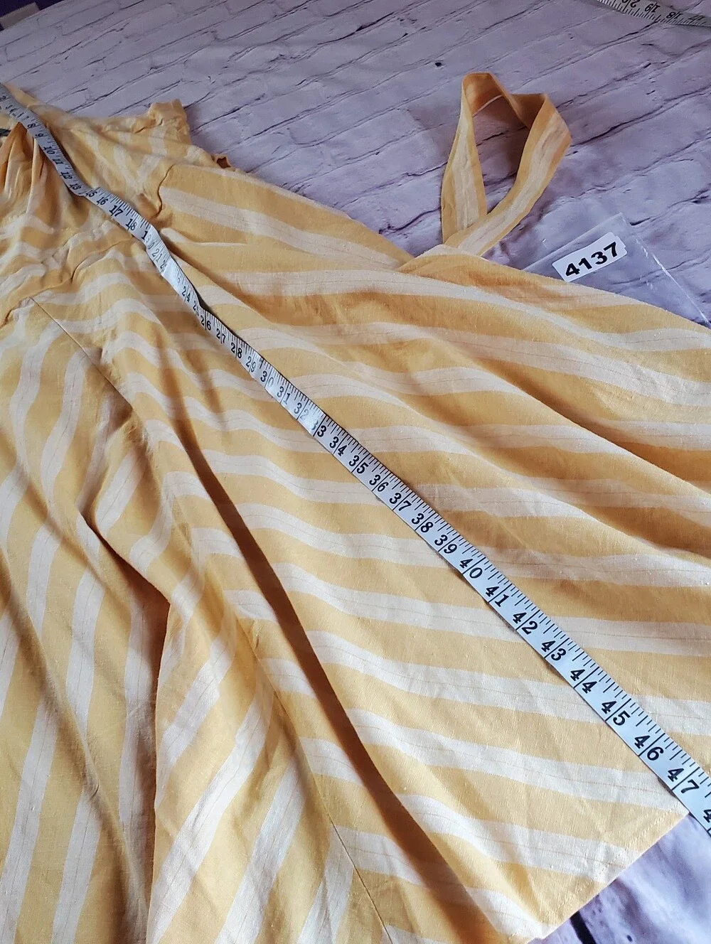NYCO Yellow Cream Striped Wrap Midi Dress Linen Blend Belted Pockets Sleeveless